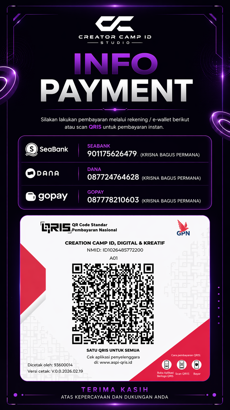 Informasi pembayaran resmi CCID Studio termasuk QRIS